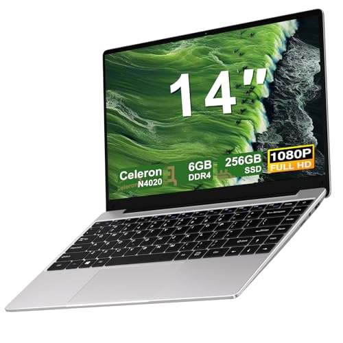 NOTODD 2025 Laptop 14 Zoll Win 11 Pro 6GB RAM 256GB SSD Unterstützung 1TB (TF 512GB) Notebook Celeron N4020 (bis2.8GHz) 5000mAh 1080p 5G WiFi Deutscher Tastaturschutz und kabellose Maus-Silver