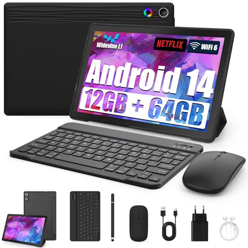 Tablet 10 Zoll 8-in-1 Kit Android 14 Tablet PC mit Hülle Tastatur Maus Stift Kopfhörer Netzstecker Kabel Octa-Core 12 GB RAM 64 GB ROM 1TB TF Erweiterbar 1280x800 IPS Touchscreen 5000 mAh (Schwarz)