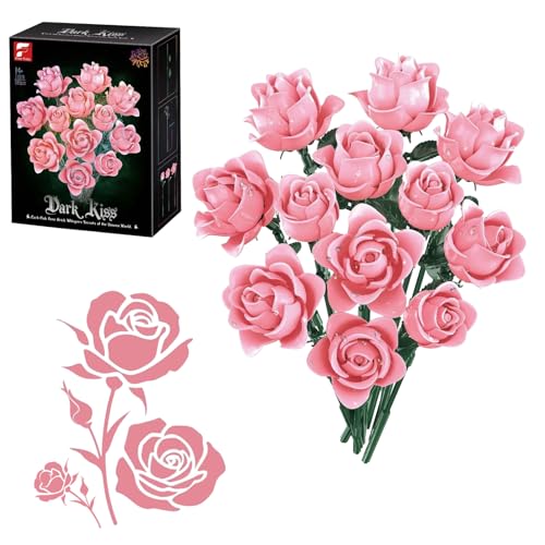 Blumen Rosa Rosenstrauß Bauset – Künstliche Blumen aus Bausteinen, Kreatives Geschenk für Erwachsene, Frauen oder Partner zu Muttertag, Valentinstag, Geburtstag und Weihnachten – Stilvolle Wohn-Deko