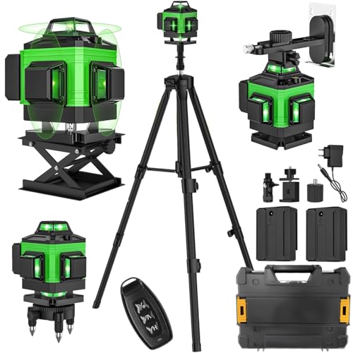 Kreuzlinienlaser Mit Stativ 4 x 360 °, Laser Wasserwaage mit Selbstnivellierung, vertikale und horizontale Linie, 360 Grad drehbar, Fernbedienung, Magnetfuß und 2× 4800mAh Akku