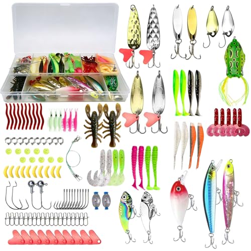 JOLYLINT 131 PCS Angeln Köder Set mit Köderbox – Wobbler, Spinner, Einzelhaken, Spinner, Angelhaken und Zubehör, für Süß- und Salzwasserangeln Zubehör