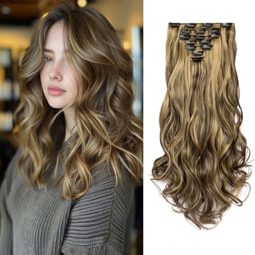 Clip-in-Haarverlängerung, glatt, gewellt, gewellt, 7 Stück, Braun/Blond/Braun