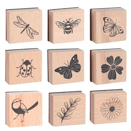 9 Stück Vintage Holzstempel,Stempel Holz,Schmetterling Blumen Motive Holzstempel Set,Naturpflanzen Mustern Vintage Motivstempel,für DIY Handwerk Basteln Scrapbooking