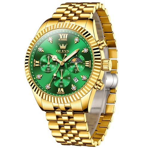 OLEVS Gold Herrenuhren Edelstahl Luxus Analog Uhren Herren Metallarmband Elegante Grün Zifferblatt Herren Armbanduhr Wasserdicht Leuchtende Business Kleid Männer Uhr Chronograph Mondphase Geschenke
