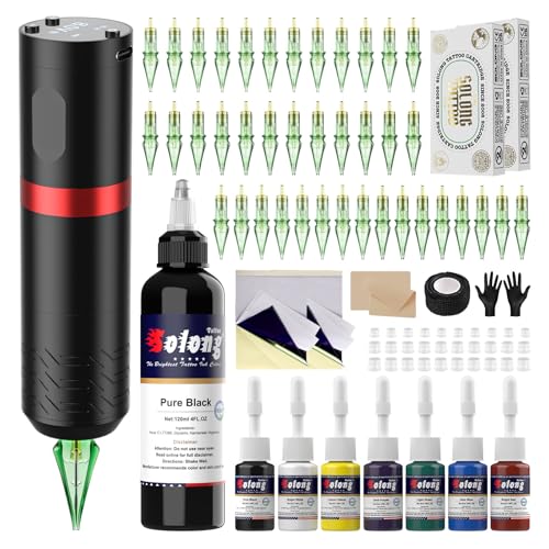 Solong Wireless Tattoo Gun Kit mit Smartem Display 40 Tattoo Cartridge Nadeln, 120 ml schwarze Tattoo Farbe Komplettset für professionelles Tätowieren SLE92KITBEU-2
