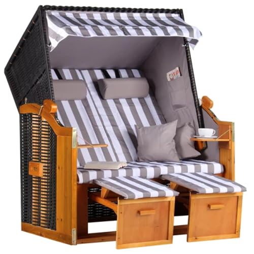 MR. DEKO® Strandkorb Ostsee Volllieger 2-Sitzer | PE Geflecht Schwarz Bezug Uni grau | inkl. 4 Kissen & Klapptisch | Strandstuhl verstellbar | Strandkörbe Hartholz Fußablage (Dessin Grau Weiß)