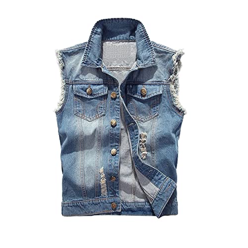 ENEN Herren Denim Weste Ärmellose, Denim Vest Men Casual Retro Gilet Jacke Slim Fit Plus Size Zerrissene Jeansweste Für Outdoor Biker Rock Punk Reisen