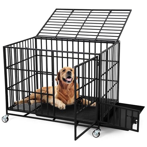 Hundekäfig Hochbelastbar Hundebox Gitterbox 107 * 75 * 86 cm für große Hunde mit Doppeltüren, 4 Verriegelbaren Rädern, Abnehmbarer Schale und Stabiler Sicherheitsverriegelung