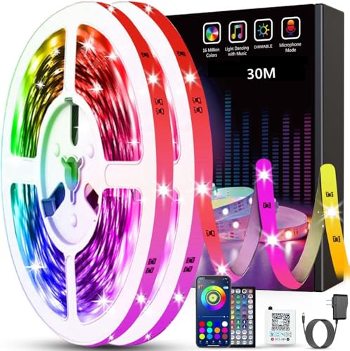 Tenmiro LED Strip 30m(15m×2), RGB LED Streifen Musik Sync Selbstklebend Led Lichterkette mit Fernbedienung und APP, Dimmbar Farbwechselnd Timer Led Band für Gaming,Party,Zimmer Deko