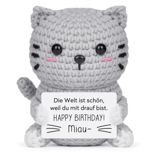 Giftasy Geburtstagsgeschenk für Frauen – Handgehäkelte Katze mit Energiekarte, Geschenk zum Geburtstag für Mama, Freundin, Schwester, Tochter, Beste Freundin, Happy Birthday