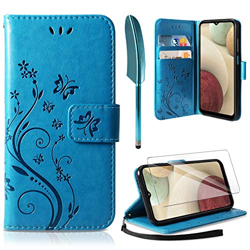 AROYI Lederhülle Kompatibel mit Samsung Galaxy A12 / M12 Hülle und Schutzfolie, Flip Wallet Handyhülle PU Leder Tasche Case Kartensteckplätzen Schutzhülle Kompatibel mit Samsung Galaxy A12 / M12 Blau