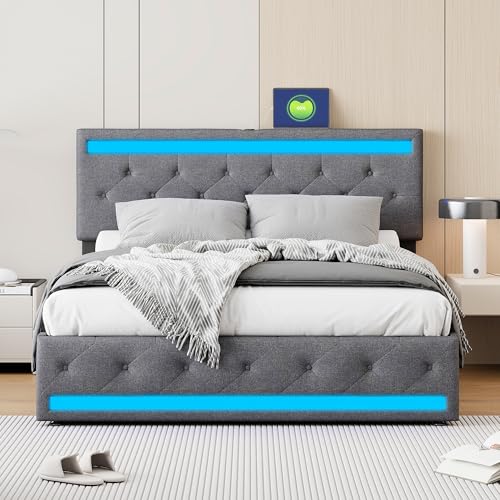 ADFUNIT Polsterbett 140x200 cm mit LED und USB, Doppelbett mit 4 Schubladen, Boxspringbett mit Stauraum und Lattenrost, Jugendbett Rückenlehne Bettgestell, Ohne Matratze, Leinen Grau