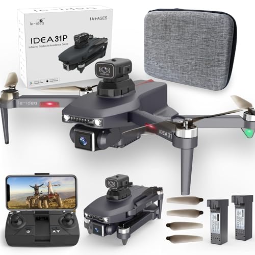 le-idea Drohne mit Kamera, IDEA31P Professionelle Drohnen mit Bürstenlosem Motor 360°-Hindernisvermeidungsfunktion Optische Flusspositionierung,5 GHz WiFi RC Quadcopter für Anfänger,2 Batterien