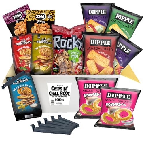 Chips n Chill Box - Die Box zum Snacken (1Kg /12 Teile) inkl. Tütenclips