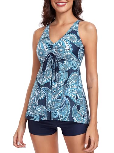 FLYILY Damen Zweiteilig Badeanzug Vorner Schnüren Racerback Bademode Plus Größe Tankini Set mit Boyshort(Blueprint,XL)