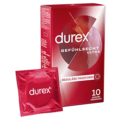 Durex Gefühlsecht Ultra Kondome – 20% dünnere Kondom-Spitze, befeuchtet, transparent, angenehmer Geruch – 10er Pack (1 x 10 Stück)