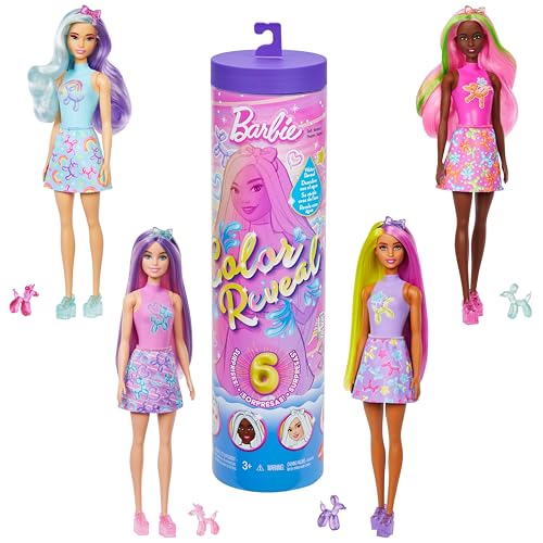 Barbie Color Reveal Puppe und Accessoires, Ballontier-Reihe, 6 Überraschungen einschließlich Farbwechsel und Mini-Ballontier (Stile können abweichen), JFV58