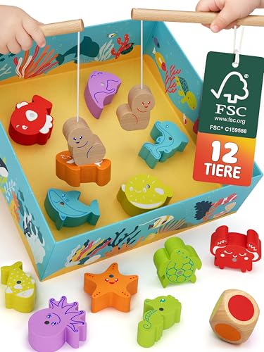 Merle Toys® Magnetisches Angelspiel ab 2 Jahre, 100% FSC, Angelspiel aus Holz, Montessori Spielzeug ab 2 Jahre, Motorikspielzeug 2 Jahre, Fische Angeln Spiel, Geschenk für Mädchen und Jungen