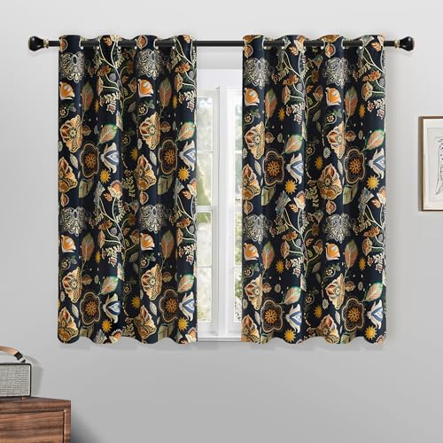 XiDi Marineblau Verdunkelungsvorhänge fürs Schlafzimmer 137cm Länge Pflanzenprint Boho Vintage mit Thermo-Isolierung 2er Set