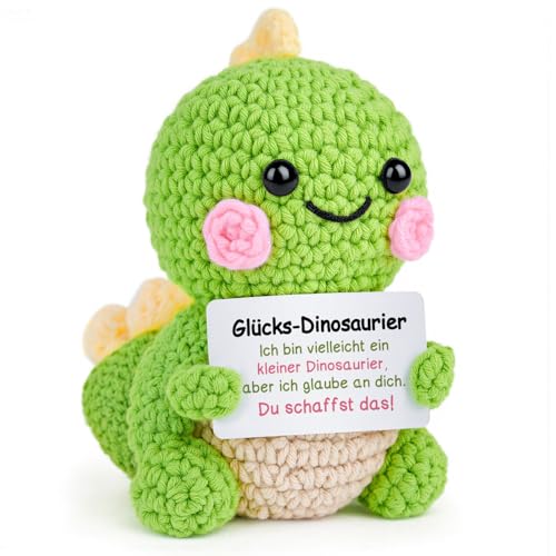 Giftasy Glücksbringer - Handgestrickter Glücks-Dino mit Energiekarte, Du schaffst das Geschenk, Geschenke zur Einschulung, Mutmacher Geschenk, Positive Hug, Motivationsgeschenk