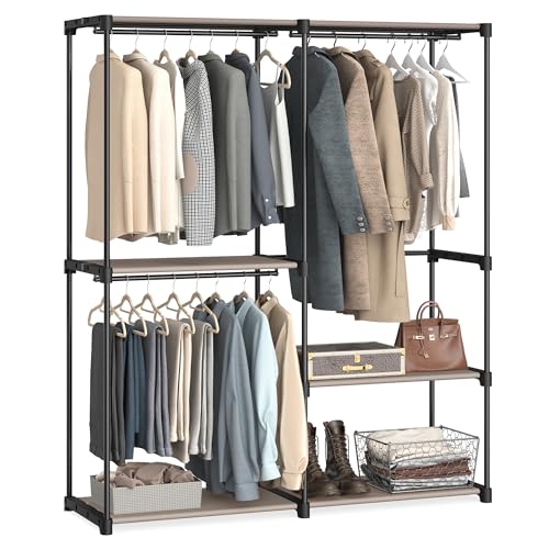 SONGMICS Kleiderschrank offen, Kleiderständer, Kleiderstange, Garderobe, 3 Hängefächer, viel Platz, für Schlafzimmer, Wohnzimmer, 138 x 43 x 182 cm, Taupe RYG025R02