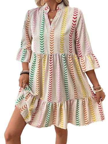 SweatyRocks Tunika Kleid Damen Boho Blusenkleid Langarm Hemdblusenkleid Damenkleider Elegant Freizeitkleid Herbstkleid Minikleid Weiß S