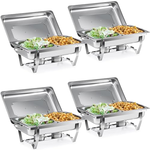 Wilprep Chafing Dish Edelstahl Buffet-Set Warmhaltebehälter Speisenwärmer Wärmebehälter Rechaud für Catering, Buffet und Party (4 Set 1/2+1/2 GN -Behälter)