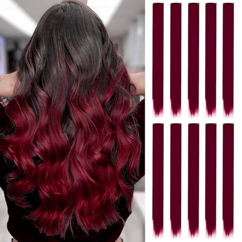 10 rote Haarverlängerungen, 55 cm, glattes langes Clip-in-Haar, synthetisches glattes Haarteil für Mädchen, Kinder, Frauen, Alltag und Party (dunkelrot)