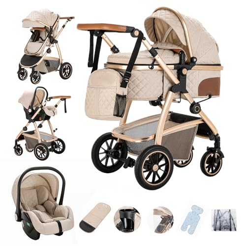 Gcarebb 3 in 1 Kinderwagen, Buggy Mit Auto Babyschale, Mit Höhenverstellbarer Kinderwagen Komplettset, KombiKinderwagen Mit Aluminiumrahmen für Neugeborene 0-4 Jahre