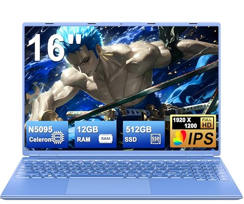 2025 Gaming Laptop 16 Zoll Win11 12+512GB SSD Unterstützung 2TB(HDD-2TB) 1920x1200 Notebook 4-Core Celeron N5095 (bis 2.9GHz) Laptop mit Nummerntastatur WiFi Mini HDMI Deutscher Tastaturschutz-Blau