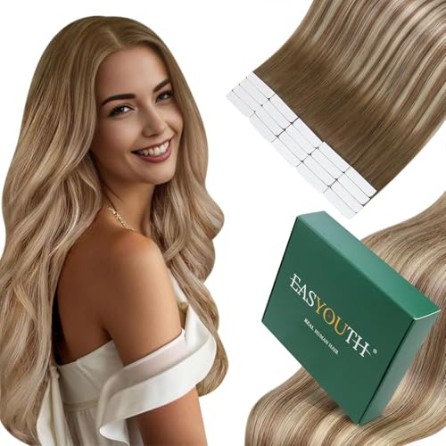 Easyouth Tape in Extensions Echthaar Braun Tape in Haarverlangerung Echthaar Ombre Tape Extension Echthaar Balayage Dunkelbraun Mix Aschbraun und Mittelblond #3/8/22 30 cm 30G 20Pcs