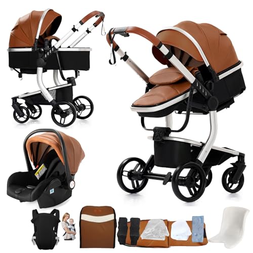 Magic ZC PU-Leder Kinderwagen 3 in 1, Kinderwagen Set Umkehrbarem Doppelschiebemodus, Kombikinderwagen 3 in 1 Großer Babywanne, Buggy Rahmen Aluminiumlegierung Hohe Landschaft (L518 Khaki)