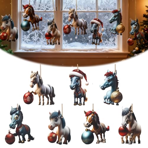 LUMOOM 7 Stücke Weihnachtsbaum Pferde Anhänger, 2D Acryl Hängende Ornamente Deko, Lustige Pferde Ornamente, Weihnachtsanhänger Deko Weihnachtsschmuck Geschenk