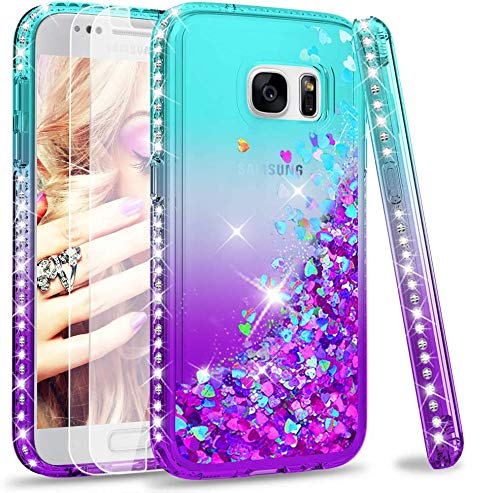 LeYi Hülle für Galaxy S7 Glitzer Handyhülle kompatibel mit Panzerfolie Schutzfolie(2 Stück),Cover Diamond Rhinestone Bumper Schutzhülle für Samsung Galaxy S7 Handy Hüllen Gradient Turquoise Purple