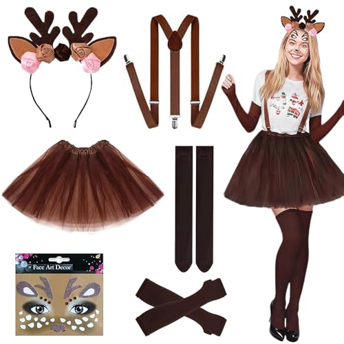 RIRIDAMAI Reh Kostüm Damen Set,Rentier Kostüm Erwachsene mit Hosenträger Geweih Haarreif, Tüllrock, Gesichtstattoos, Kniestrümpfe,für Fasching, Karneval & Mottoparty, Festliche Accessoires