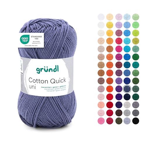Gründl Wolle Cotton Quick uni - dünne Wolle zum Häkeln - Strickgarn - Häkelgarn - Glänzend und hautfreundlich - 100% Baumwolle - 1 Knäuel 50 g / 125 m - Nadelstärke 3-4 - Grau Blau