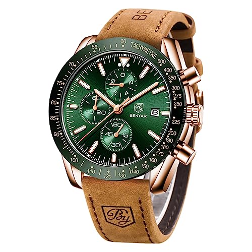BY BENYAR Herren Business Analoger Chronograph Quarzuhr 30M Wasserdicht Leuchtende Datumsanzeige Modische Freizeituhr Sport Multifunktions Lederuhr.(Gold Grün)
