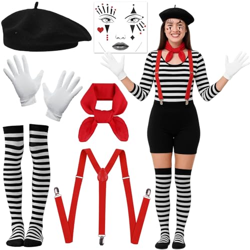 AXERHK Zirkus Kostüm Damen, Halloween Kostüm, 6 Stück Clown Kostüm Damen mit Baskenmütze Schal Handschuhe Tattoo Socken und Hosenträger, Clown Costume Women für Halloween Fasching Cosplay Party