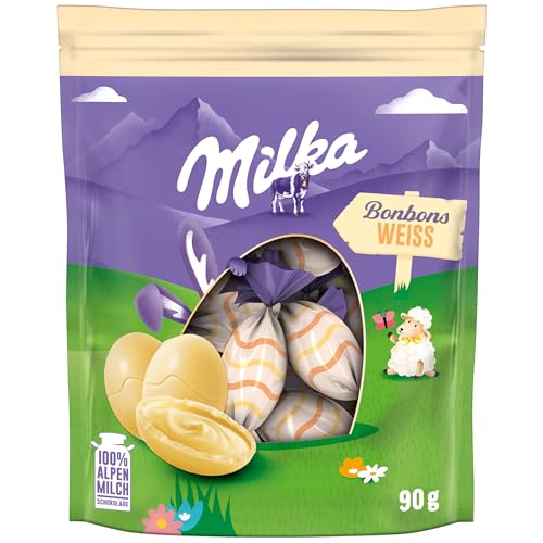 Milka Bonbons Weiß – Zarte Bonbons aus weißer Alpenmilch-Schokolade – einzeln verpackt für die Osterzeit – 90g