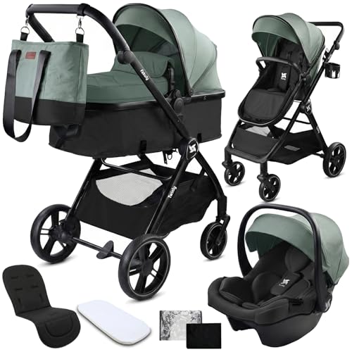 Twinly 3-in-1 Kinderwagen mit Autositz i-size | Wendbarer Kinderwagen mit kompaktem Faltmechanismus, Tragetasche mit XXL-Verdeck, inklusive Tasche, Moskitonetz, Kunststoff, Regen (grün)