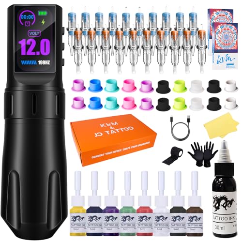 KVM Großes IPS-Bildschirm-Tattoo-Set, kabellos, 1800 mAh, geeignet für professionelle Kits (Tattoo-Tinte sind nur für Tattoo-Übungen geeignet)