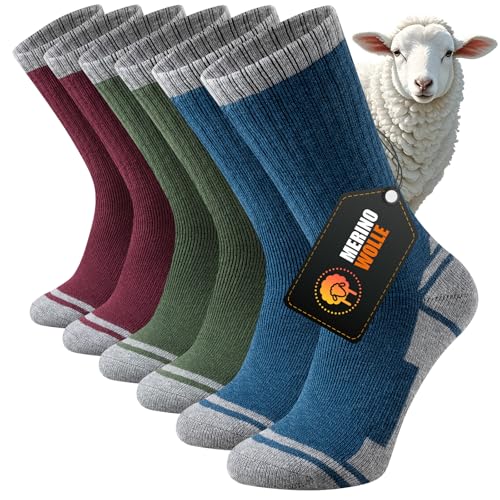 Stoeury Merino Wandersocken Herren Damen, Dicke Thermosocken Wintersocken, Warme Merinowolle Outdoor Socken, Anti Blase Gepolsterte Trekkingsocken, Atmungsaktiv Sportsocken 3 Paar, Mehrfarbig 43-46