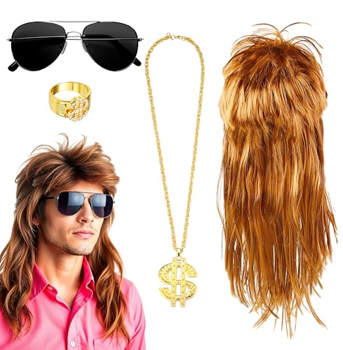 4 in 1 Vokuhila 80er 90er Kostüm Set - Goldkette, Brille mit Assi Perücke & Dollar Ring für Fasching & Karneval - Herren & Damen
