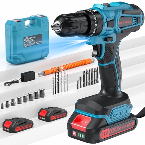 Akkuschrauber, 21V Akku Bohrschrauber mit 2 Akkus, Akkubohrer Set 45 Nm Drehmoment, 25+3 Drehmomentstufen, LED-Licht, 2 Geschwindigkeiten,Für Reparatur & DIY