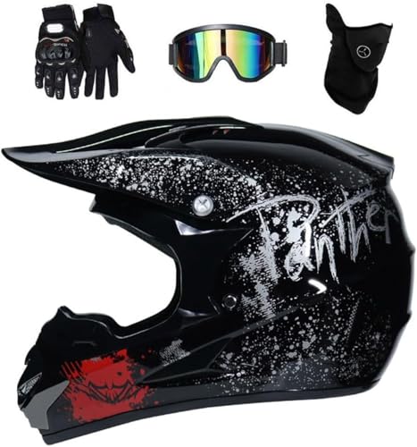 Integraler MTB- und Motocross-Helm mit Brille, Handschuhe und Maske, Unisex, für Erwachsene, Offroad und Straße, inklusive Downhill, Enduro, BMX, Quad, Motorradhelm (Schwarz, S (52~53 cm))