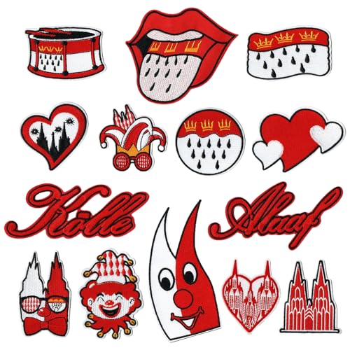 14 Stück Kölner Karneval Rot Weiß Bügelflicken, süße bestickte Reparaturflicken, Karneval Patches für Kleidung, Jeans, Hosen, Nähen, Hüte, Bastelzubehör