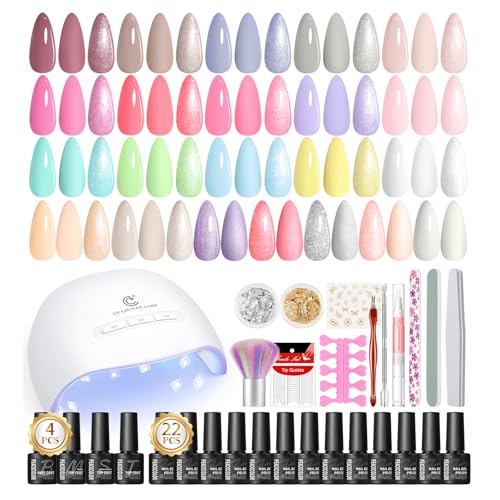 PEACECOLOR UV Nagellack Set mit Lampe, 22 Farben Weiß Nude Rosa Gelnägel Starterset mit Base und Top Coat Matte Glitzer, Nägel Selber Machen Nagelstudio Set für Frauen DIY Nageldesign