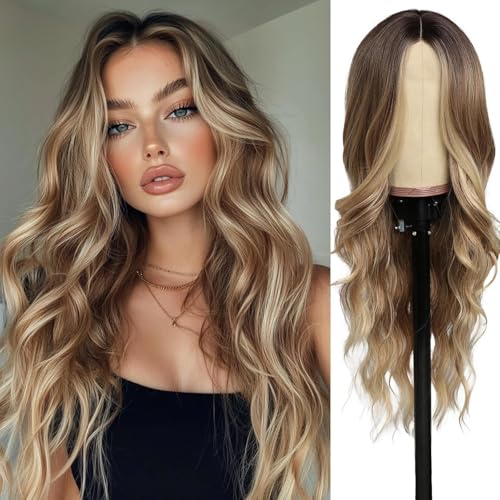 SeclitWu Lange Ombre blonden Perücken für Frauen Mädchen 66 cm Lockige synthetische Hitzebeständige Faser Cosplay Kostüm Charmante Perücke für Tägliche Karneval Fasching (Ombre blonden)