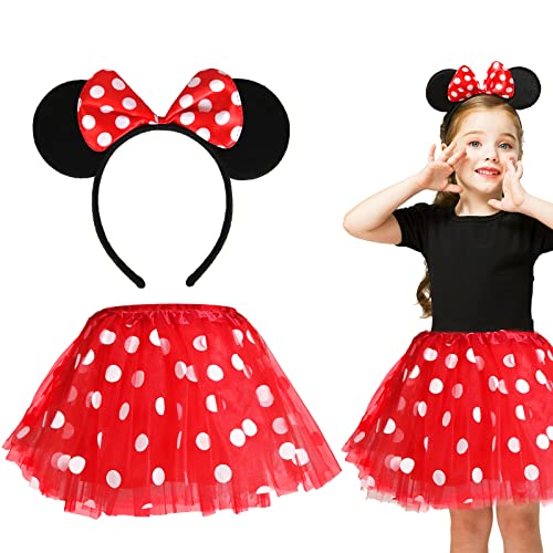 Capaneus Kinderkostüm Mäuschen Set,Mädchen Maus Mouse Kostüm Rot Tutu mit weiß Gepunktet+Haarreifen mit Maus Ohren und Schleife für Halloween Fasching Karneval Motto Cosplay Party-2 stück
