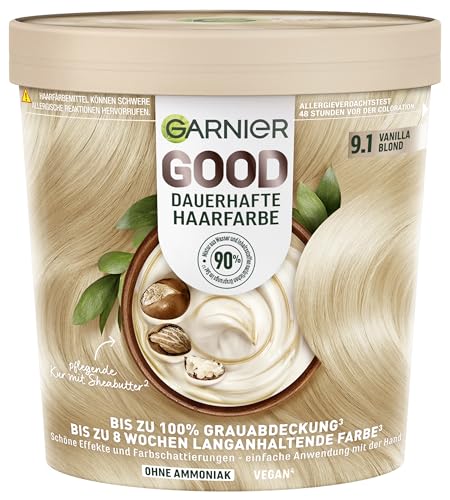 Garnier GOOD Dauerhafte Haarfarbe 9.1 Vanilla Blond – Coloration ohne Ammoniak, bis zu 100% Grauabdeckung, 1 Stk.